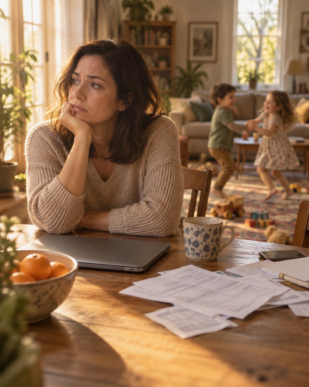 A woman sits lost in worried thought at a table with a laptop and scattered papers while, in the soft-focus background behind her, two children laugh and play