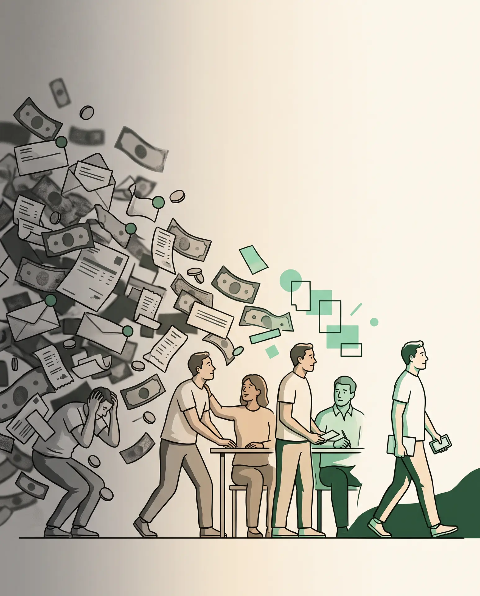 A person moving from financial chaos and falling bills to calm clarity and a clean digital system