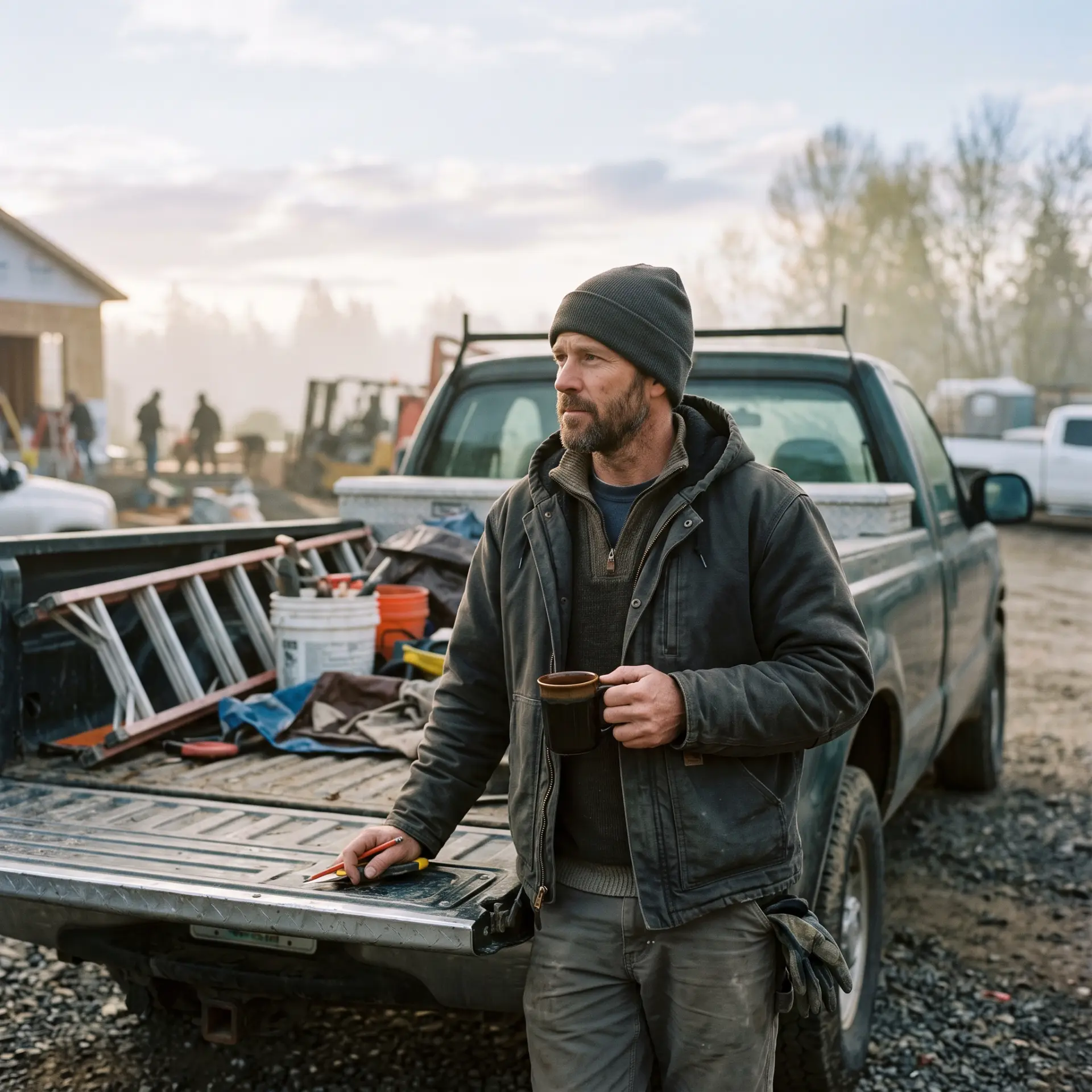 A contractor at a truck tailgate on a job site, early morning