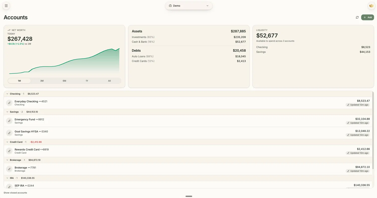 MoneyYogi Accounts dashboard showing net worth, assets, debts, and liquidity