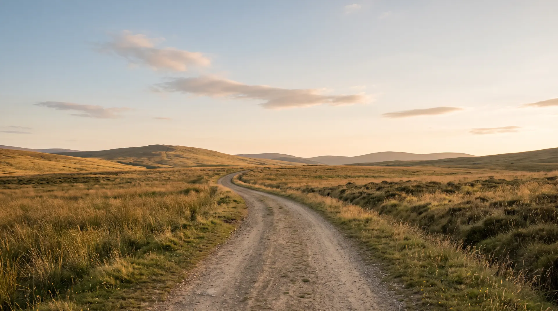 An open road winding through golden hills at sunrise