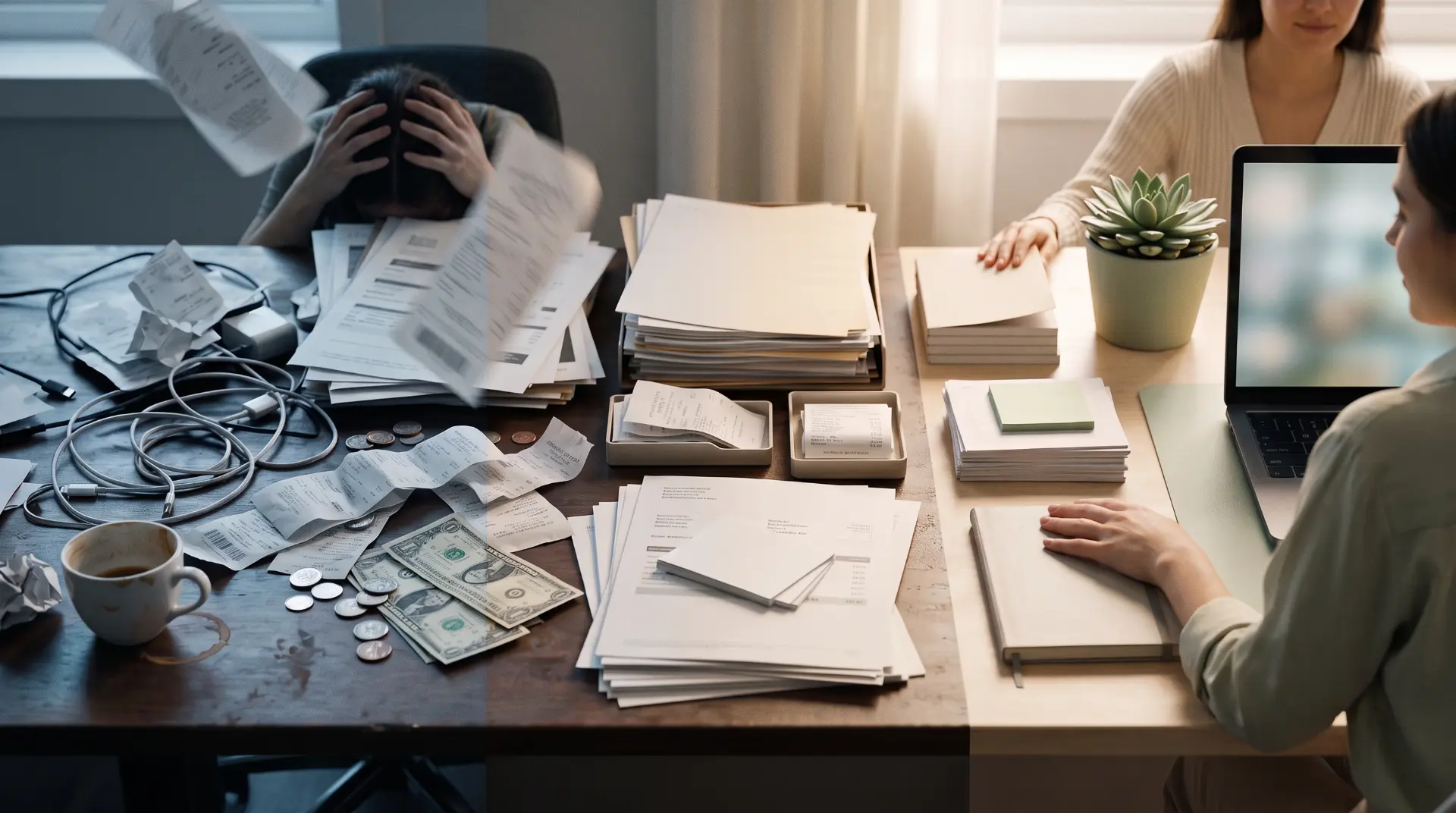 Financial chaos on one side resolving into a calm, organized workspace on the other