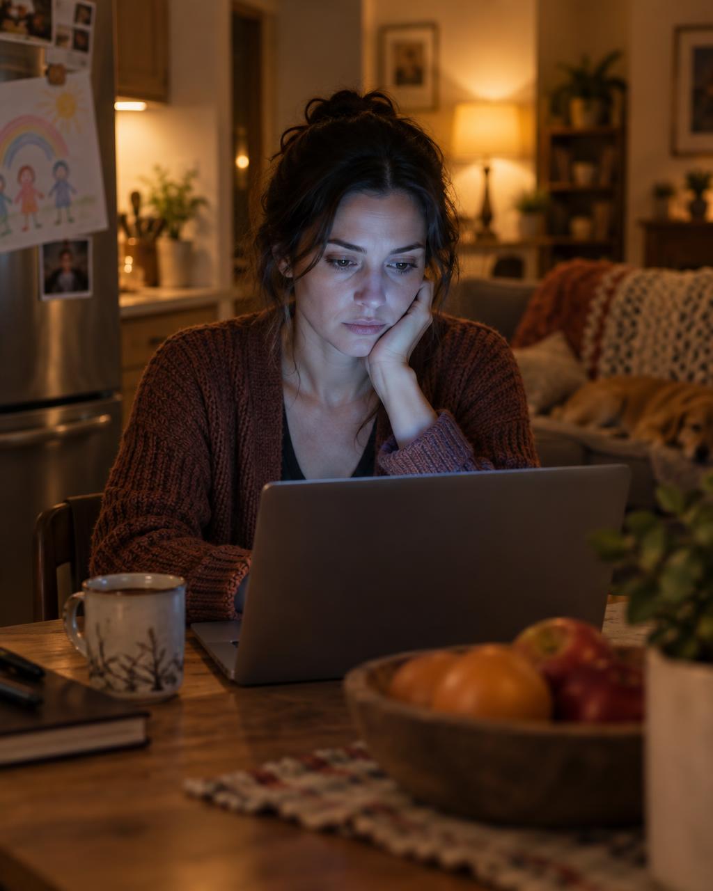 A woman lit by the cold blue glow of a laptop screen in an otherwise warm, cozy room, her expression distant and hollow