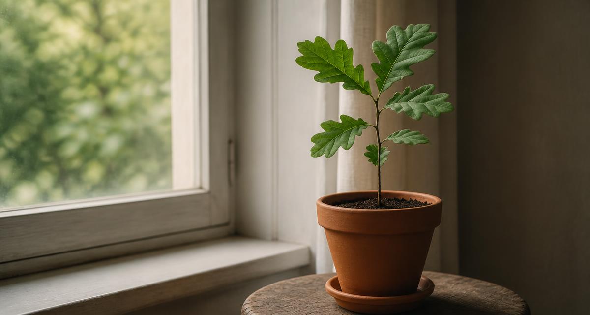 A young oak sapling growing in a terracotta pot beside a bright window
