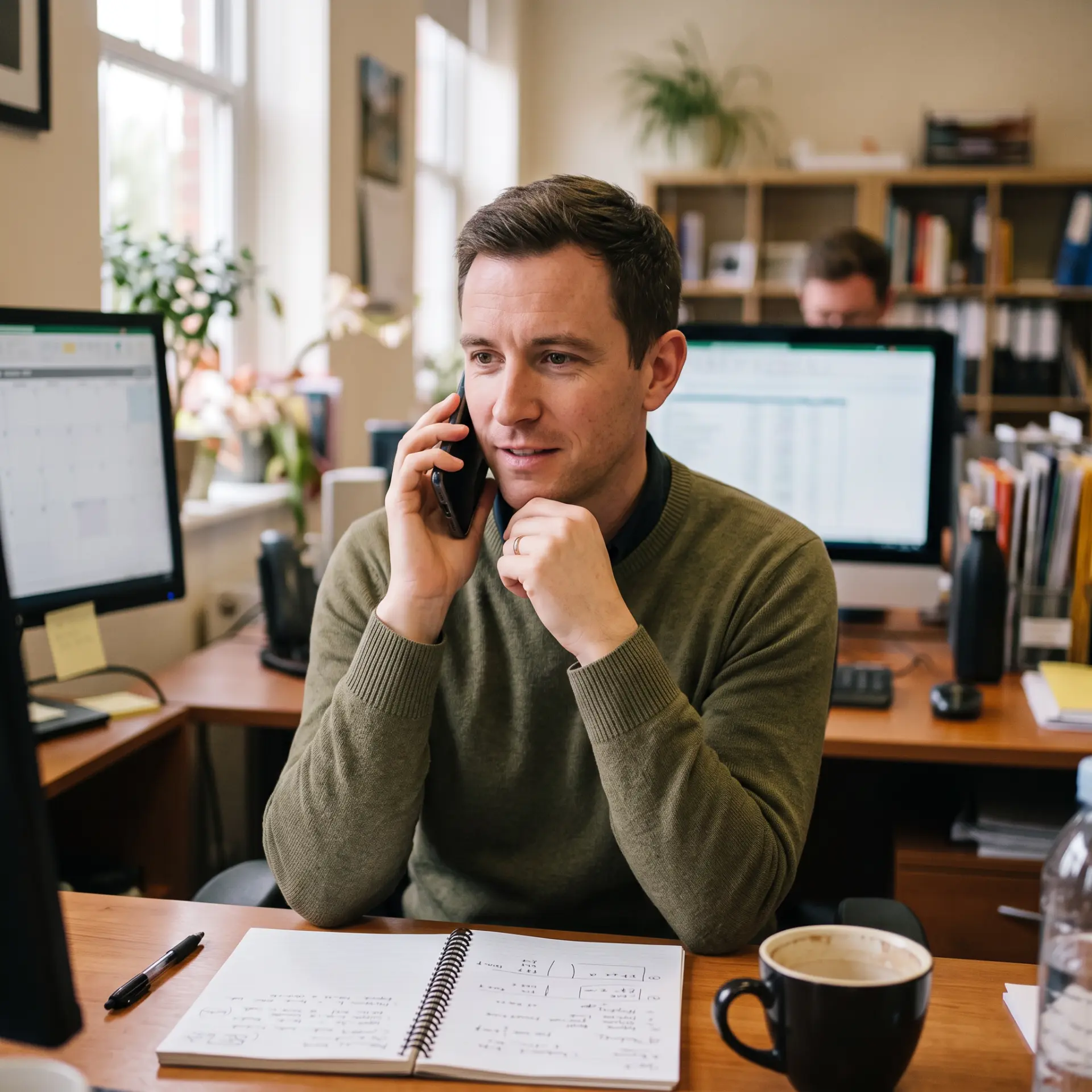 A sales professional on the phone, mid-conversation