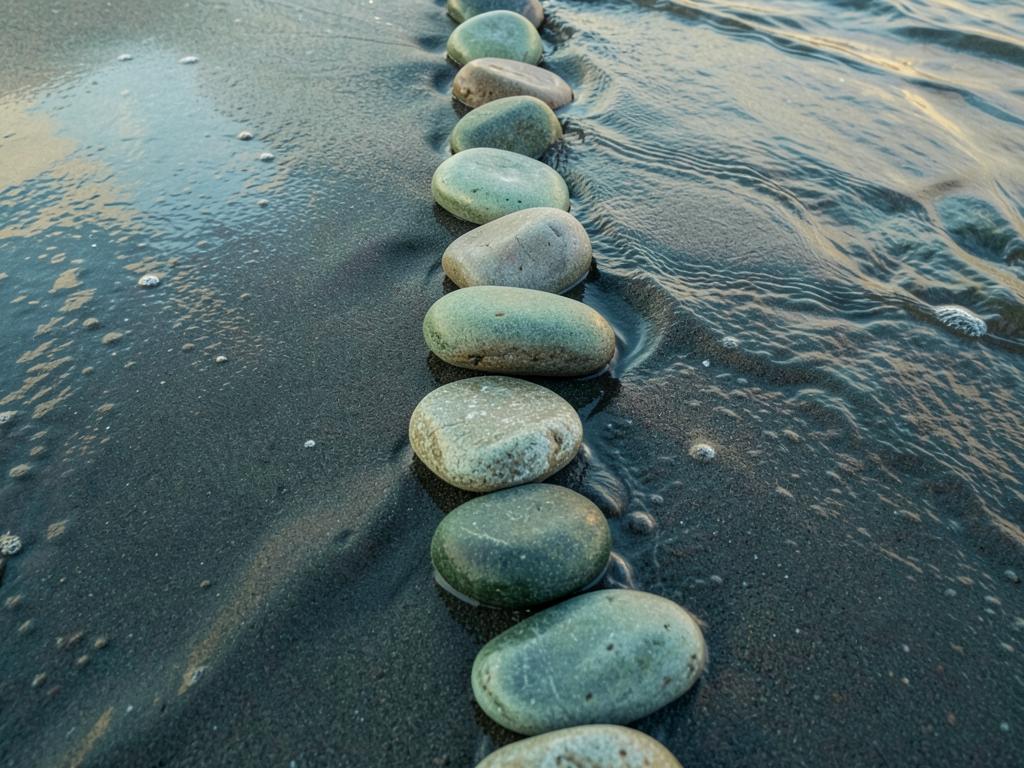 Smooth river stones set in a deliberate line on wet sand