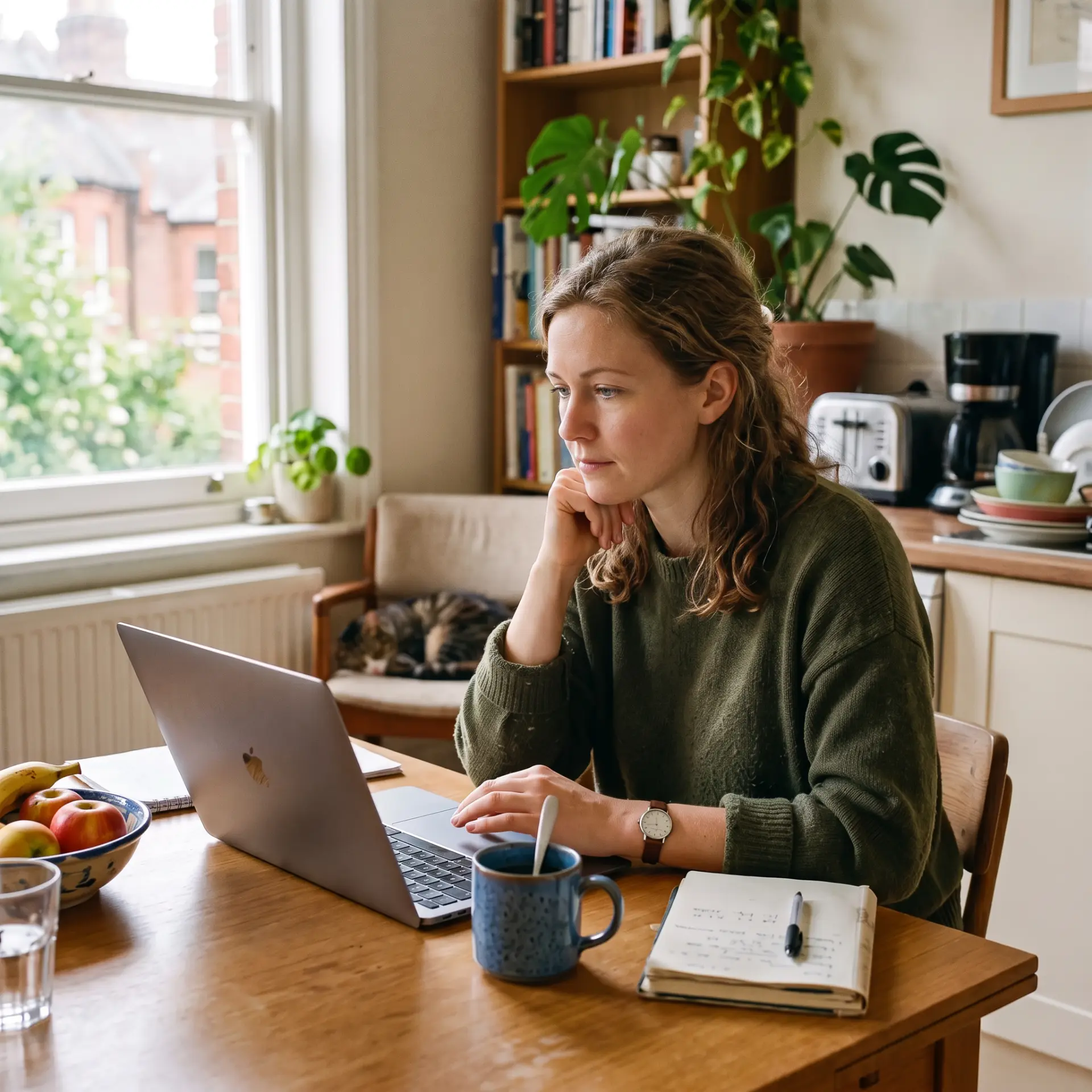 A freelancer working on a laptop at a kitchen table