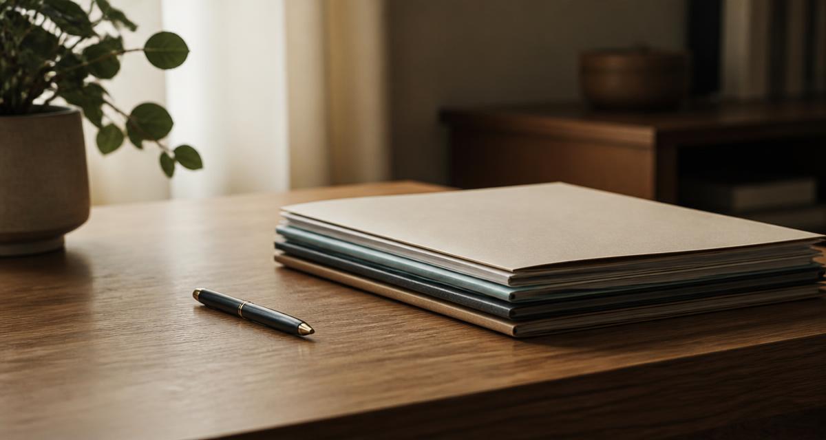 A neat stack of folders and a single pen on a wooden desk