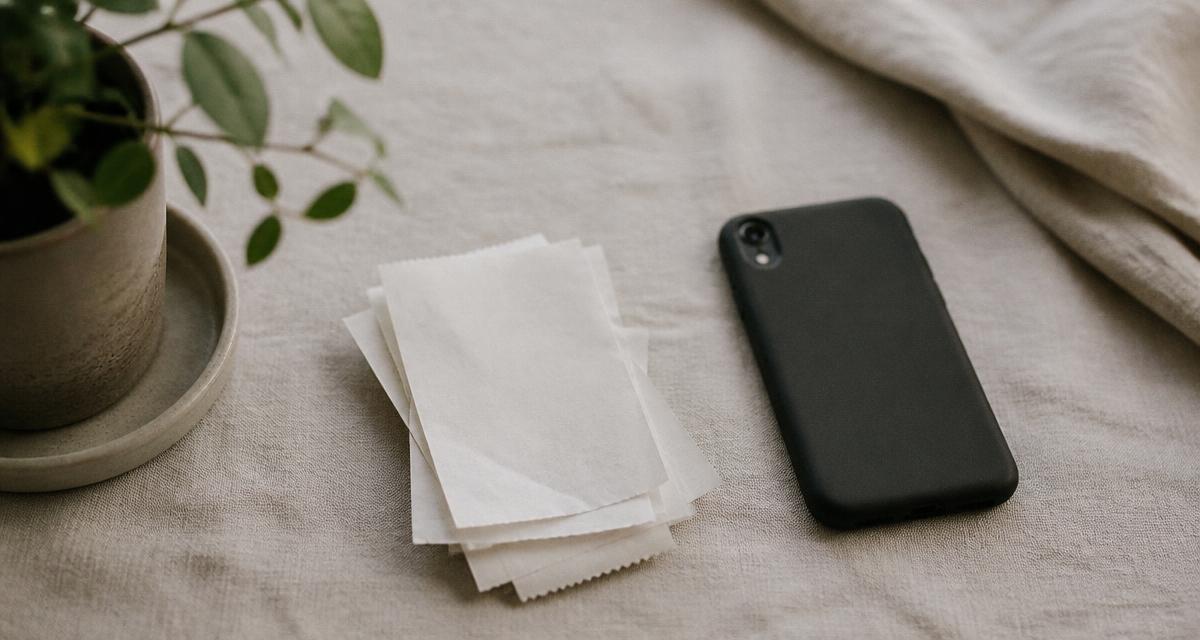 A small stack of paper receipts and a phone resting on a linen surface