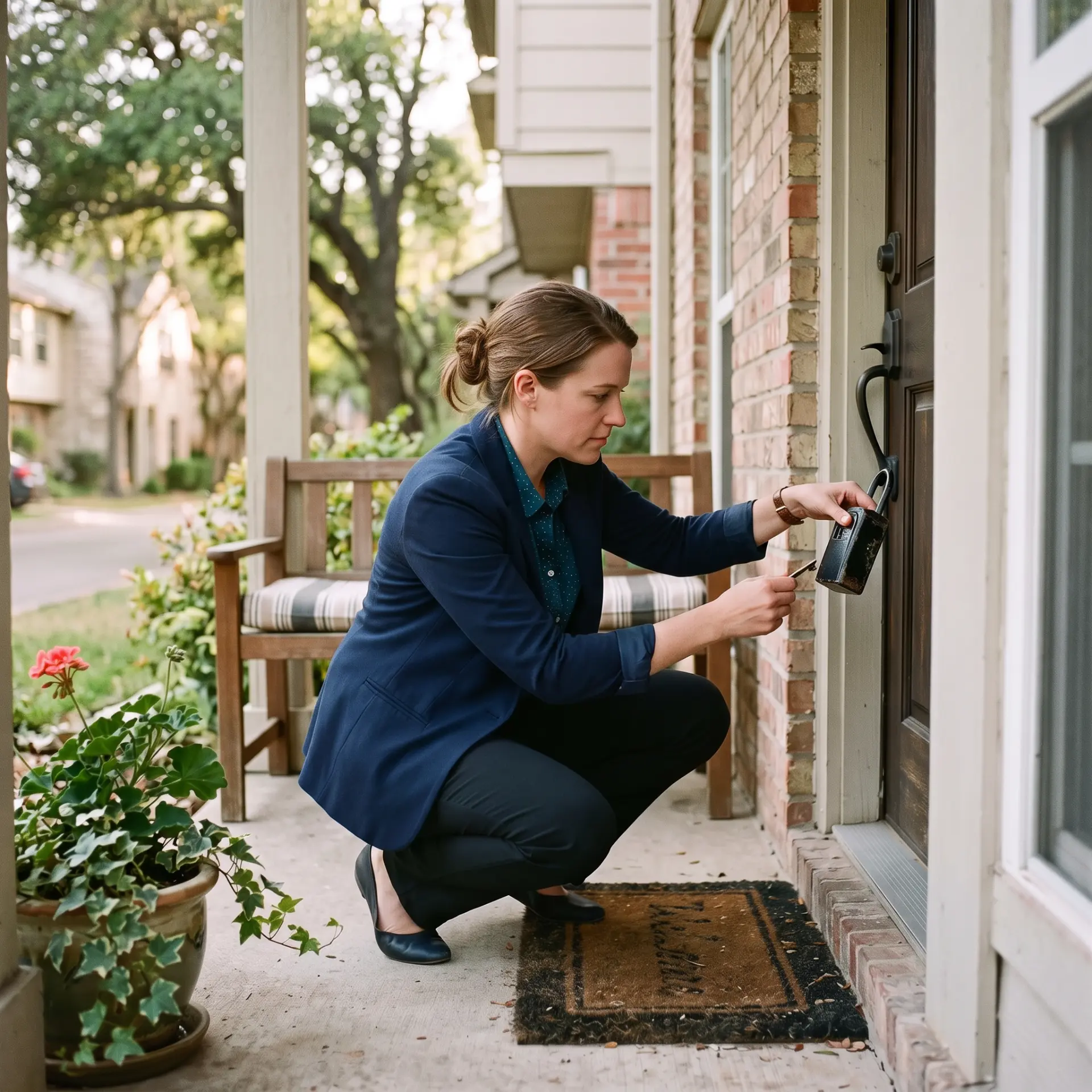 A real estate agent opening a lockbox on a front door