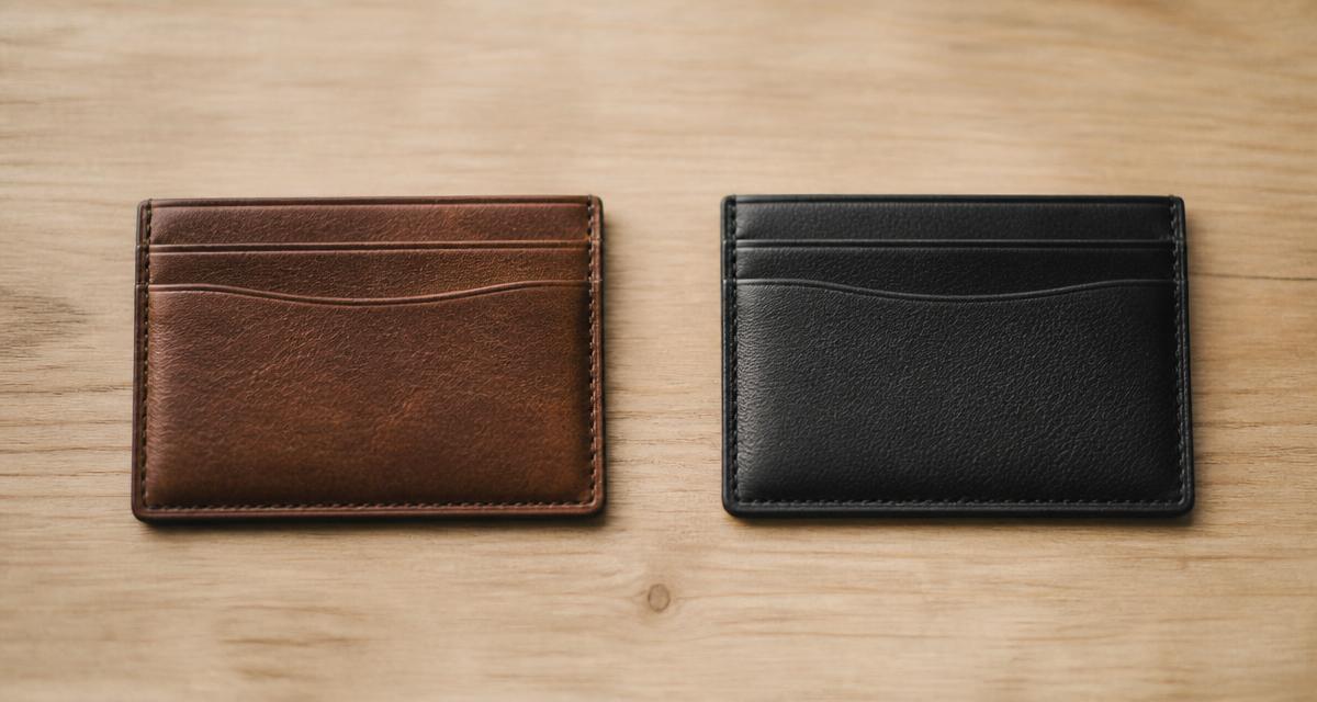Two leather card wallets sitting apart from each other on a light wooden surface