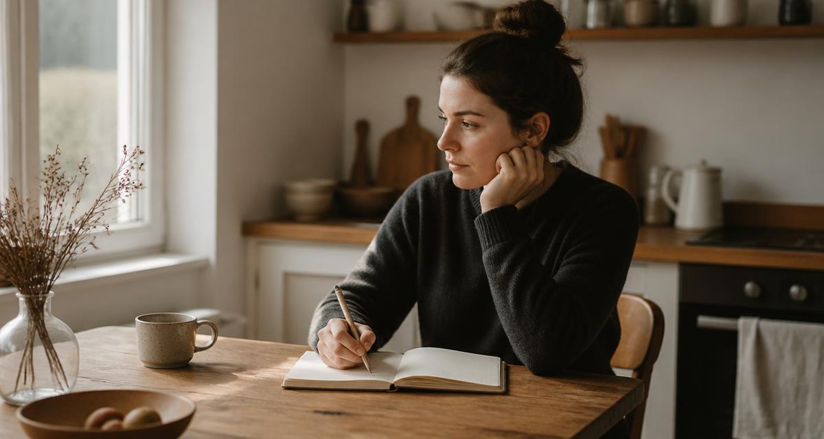 A woman sitting at a kitchen table in morning light with a notebook and coffee