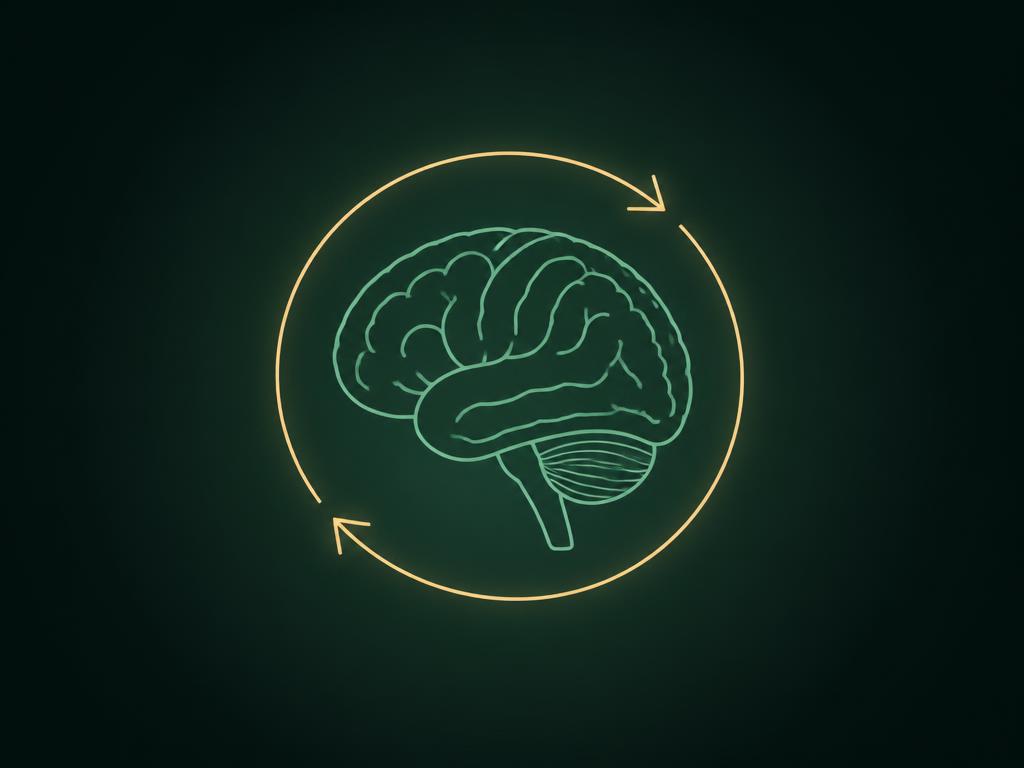 Line-drawn brain surrounded by a looping arrow