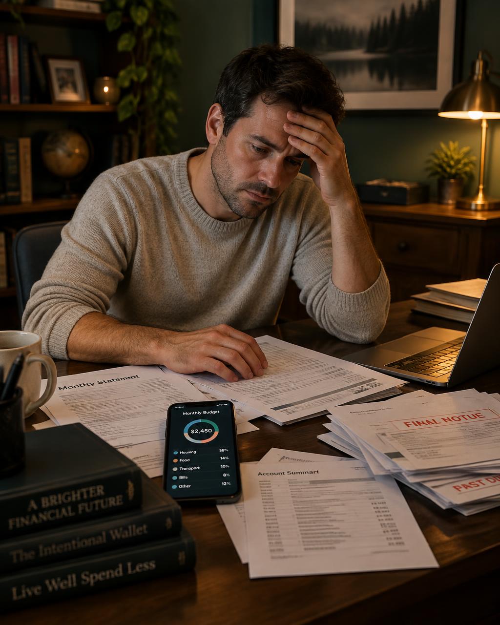 A man in a sweater at a dark wood desk, hand on forehead, surrounded by scattered financial documents