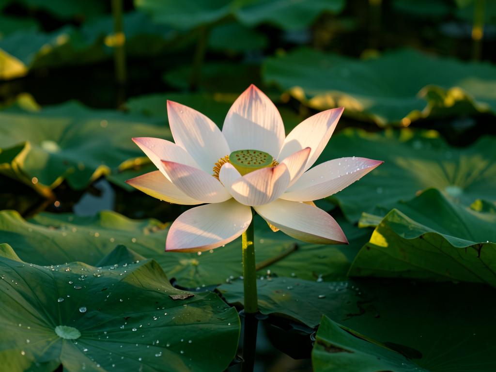 A single lotus in full bloom above still green water
