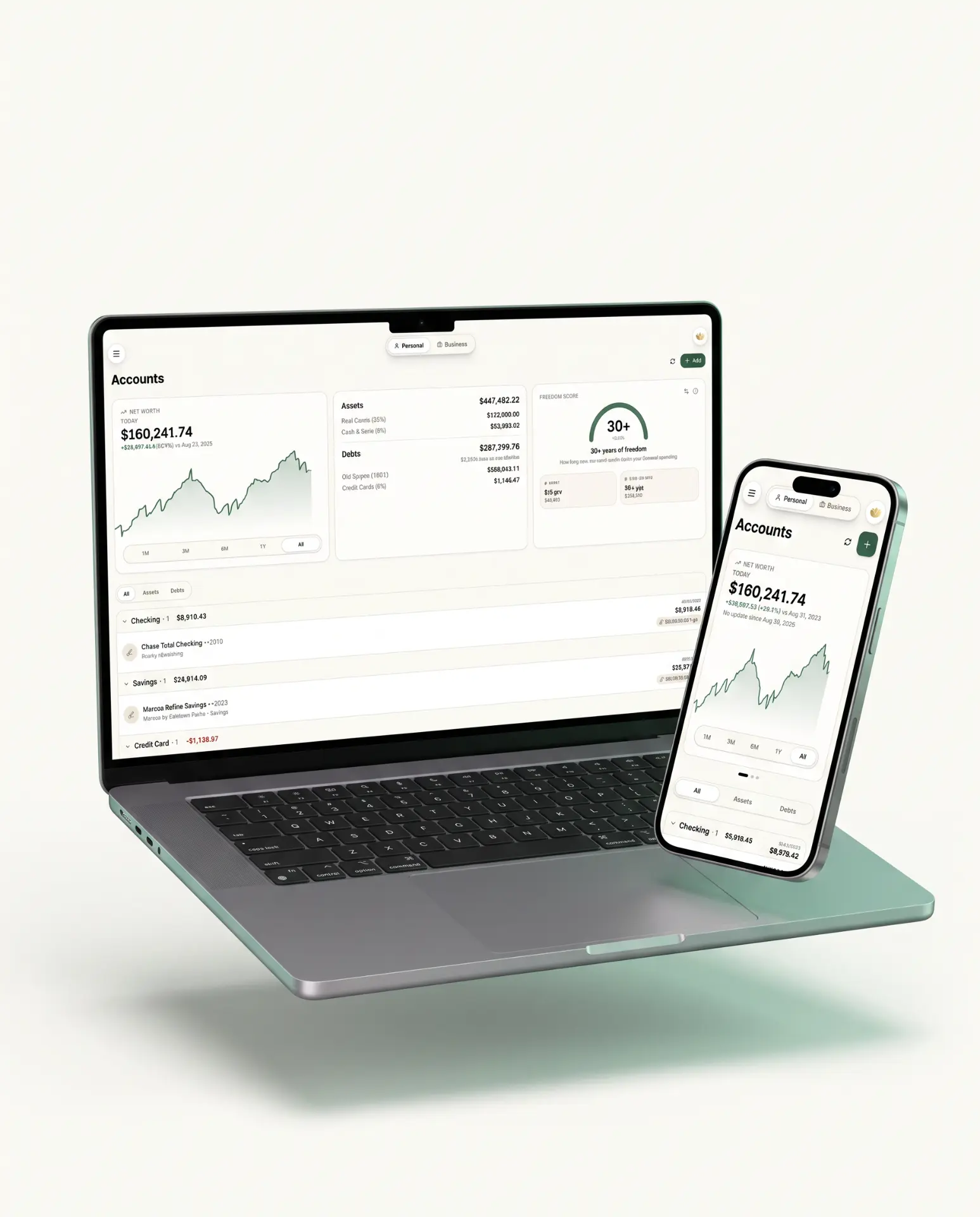 MoneyYogi accounts dashboard on a laptop and phone showing net worth, assets and debts, and freedom score