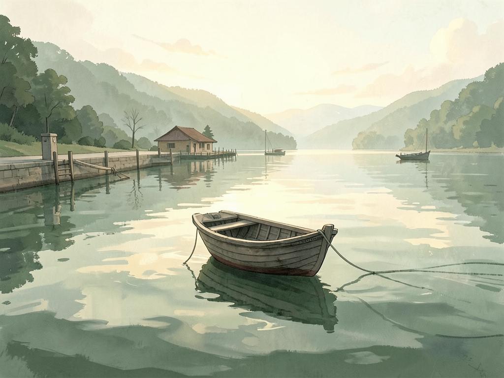A small boat leaving a calm harbor at dawn