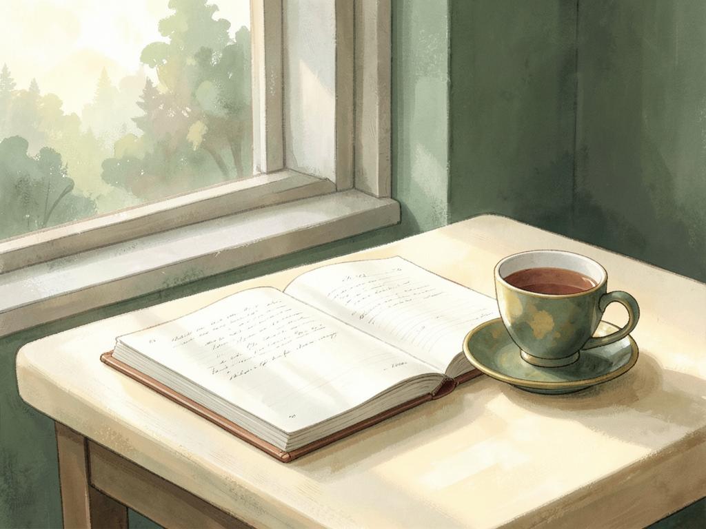 An open notebook and a cup of tea in morning light