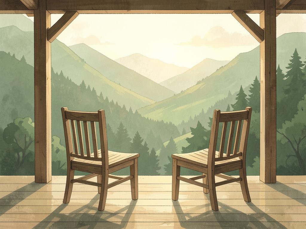 Two chairs on a porch facing a quiet valley