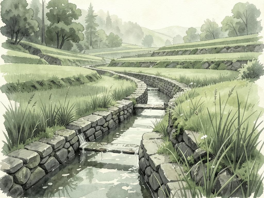 A stone channel carrying water through green terraces