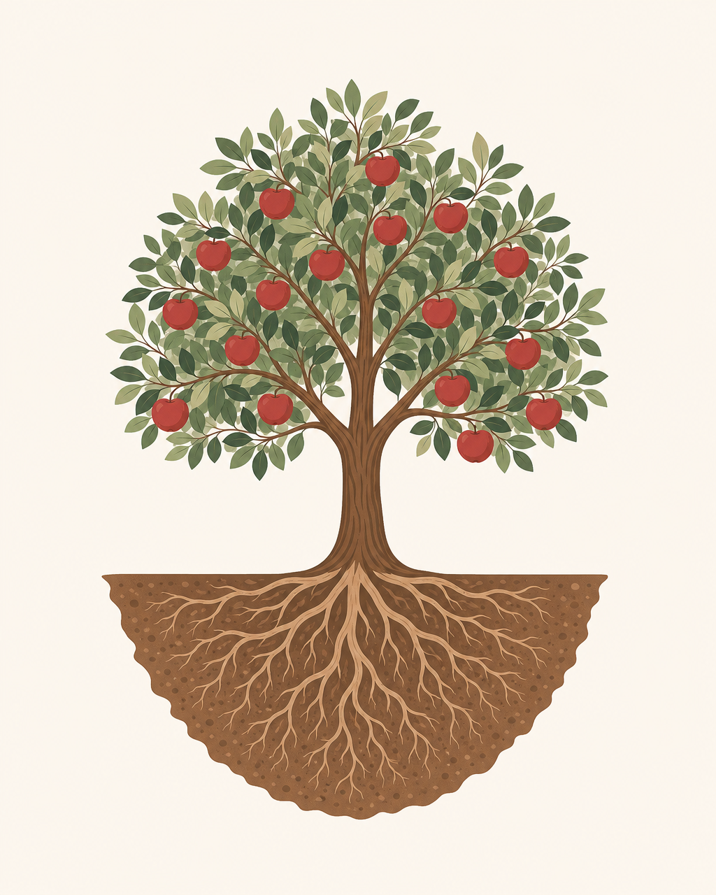 An apple tree with a lush green canopy and roots spreading deep below the ground line.